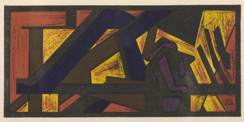 Print. Angular bands of royal blue, brick red, buttercup yellow, brown, black, and violet create interlocking shapes. A knot of black and purple lines to our right of centre could be two performers embracing or dancing.
