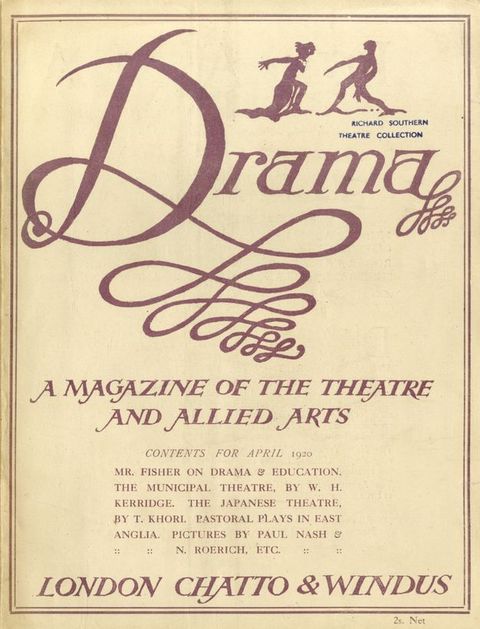 Cover of a magazine. Text and a silhouette of two people are printed in plum-purple text. The two people, in the top right corner, lunge or lean and face one another. Curlicues drift down off the D and final A of the title, ”Drama”. 