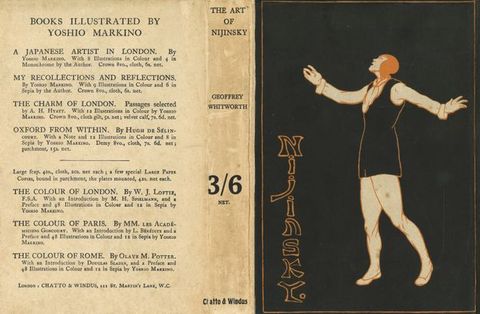 Covers of a book. The cover is laid flat so the spine runs down the middle. The right cover, which would have been the front cover, shows a person taking a step to our left, arms raised and head back and tipped away from us. Text with letters outlined in orange and filled in with black is stacked at the lower left corner of the cover and reads “Nijinsky”. 