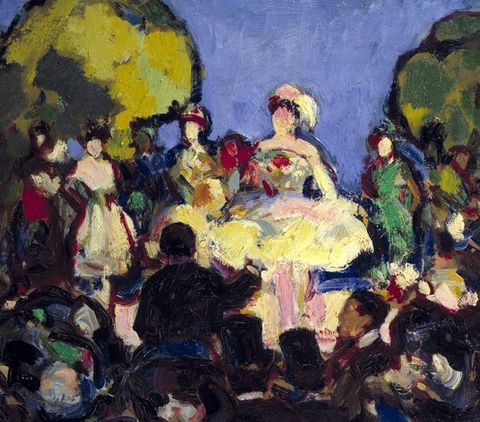 Painting. A few rows of dark heads and black hats are between us and dancers on a stage. The central dancer wears or is lit yellow. Others are farther back on the stage, which is backed with a field of bright blue. The scene is loosely painted with visible brushstrokes so details are vague.