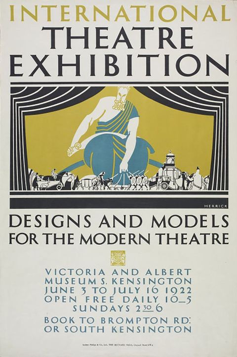 Poster. Illustration of a stage set is between text above and below. The stage is printed in goldenrod yellow, topaz blue, and black. It shows a colossal, bearded man wearing a toga holding strings connected to a procession of people, horses, and carriages below.