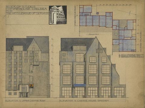 Watercolour. Two elevations and a floor plan are titled, “Block of Studios Cheyne House Chelsea for the Artist League of Service”. The eight-storey building has banks of windows spanning its levels on the elevation facing the “Cheyne House Garden”. It is grey with tinges of blue.