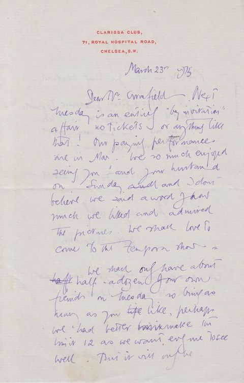 Handwritten letter. The front page of a two-sided letter has letterhead printed in red, reading “Clarissa Club, 71, Royal Hospital Road, Chelsea, S.W.” the writing is difficult to make out in this image.