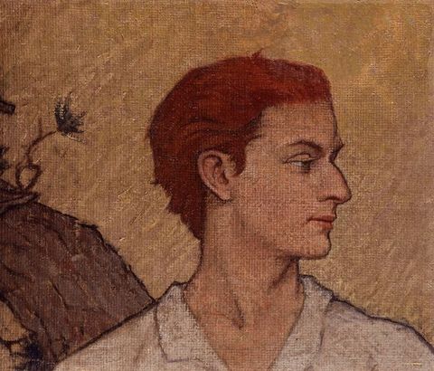 Painting. Shown from the shoulders up, a pale-skinned man looks to our right in profile with hooded eyes. His red hair is brushed back from his forehead. The sharp angle of his eyebrow ridge, prominent nose, and delicate mouth are outlined in black against a flat gold background.
